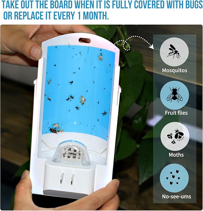 Flying Insect Trap with 4 Refills - Plug-in Bug Catcher for Gnats, Fruit Flies, Moths | Blue & UV Light | Mess-Free Adhesive Disposal Bug Zapper for Home, Office