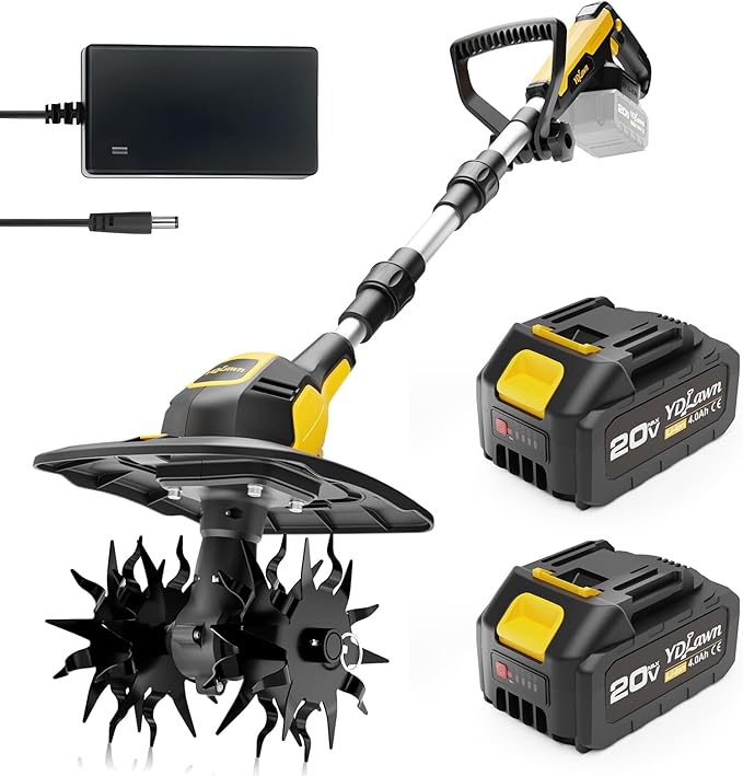 20V Cordless Tiller Cultivator, with 2 * 4.0Ah Batteries & Charger, 9In Tilling Width and 7In Depth Garden Rototiller for Lawn/Gardening/Soil Cultivation, Yellow