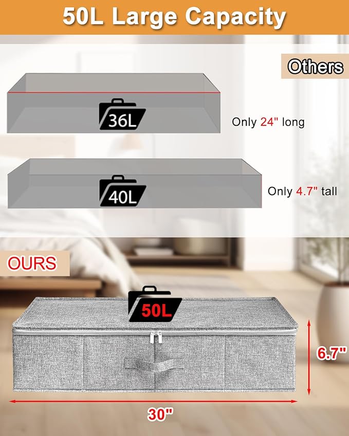 Under Bed Storage, 2 Pack Underbed Storage Container Bags With Lid, Foldable Sturdy Clothes Storage Drawer Organizer W/ 3 Handles, Ultra Thick Fabric Blanket Shoe Storage Box, 30x15x6.7inch, Grey
