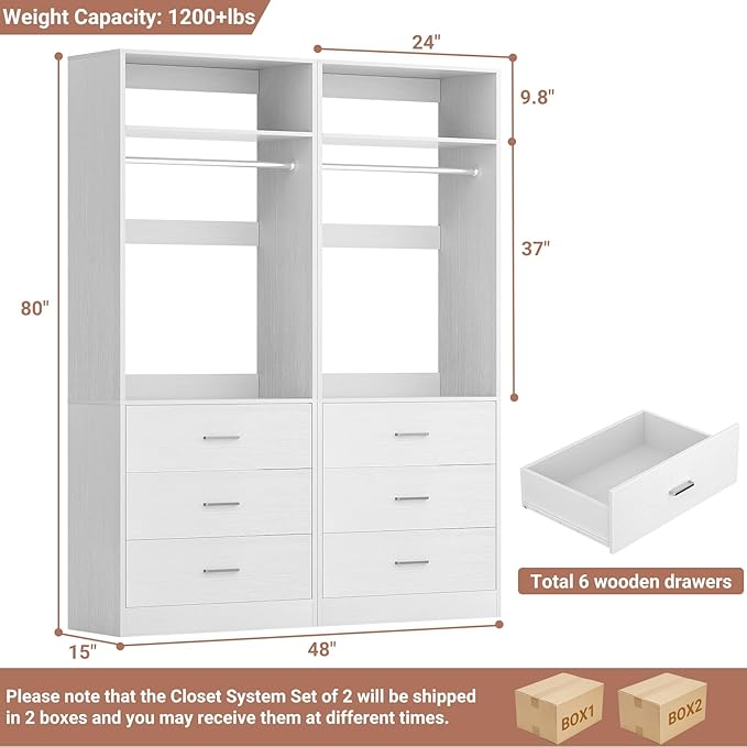 Besiost Closet System Set of 2, 4FT Closet Systems with 6 Wood Drawers, 48" Closet Organizer System with 2 Hanging Rods & 2 Shelves, Heavy Duty 48 Inch Walk-in Closet , White (48"L x 15" W x 80" H)