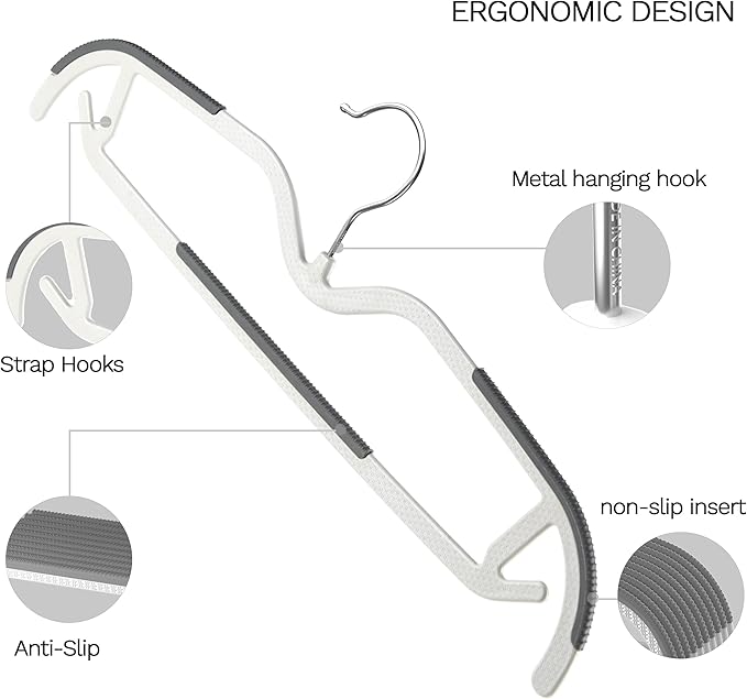 60 Pack M-Style Plastic Pants Hangers, Thin Space Saving Hanger with Rubber Pads and 360° Hook - Non Slip Clothes Hangers, Closet Organizer for Camisole, Tank Top, Dresses, Skirt - Gray