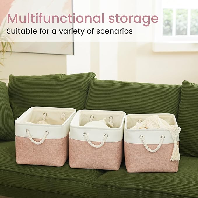 Large Storage Baskets- 15x11x10 inch Storage Bins for Shelves and Closet Organizing, Foldable Fabric Bin for Home Organization Clothes and Laundry (1-Pack, White&Pink)