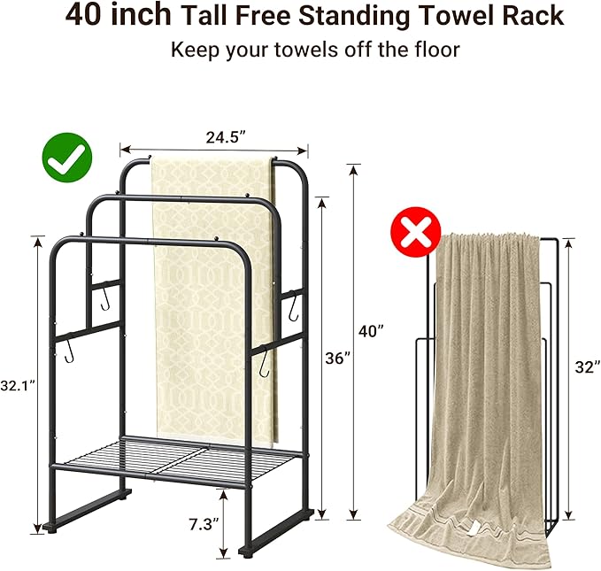 ELYKEN 40'' Tall Standing Towel Racks, 3 Tier Towel Drying Rack Outdoor, Pool Towel Stand Blanket Holder with Shelf & 4 Removable Hooks, Metal Freestanding Towel Racks for Bathroom, Matte Black