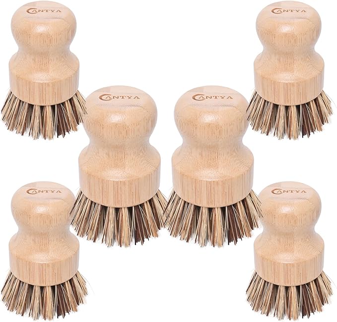 6 Packs Bamboo Dish Brush - Bamboo Wok Brush, Natural Union Fiber and Tampico Fiber Bamboo Scrub Brushr for Washing Cast Iron Pan/Pot(Hard Bristle)