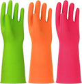 3 Pairs Rubber Cleaning Gloves Latex Free Dishwashing Gloves - 13" Reusable Nitrile Gloves Large, Green+Orange+Red