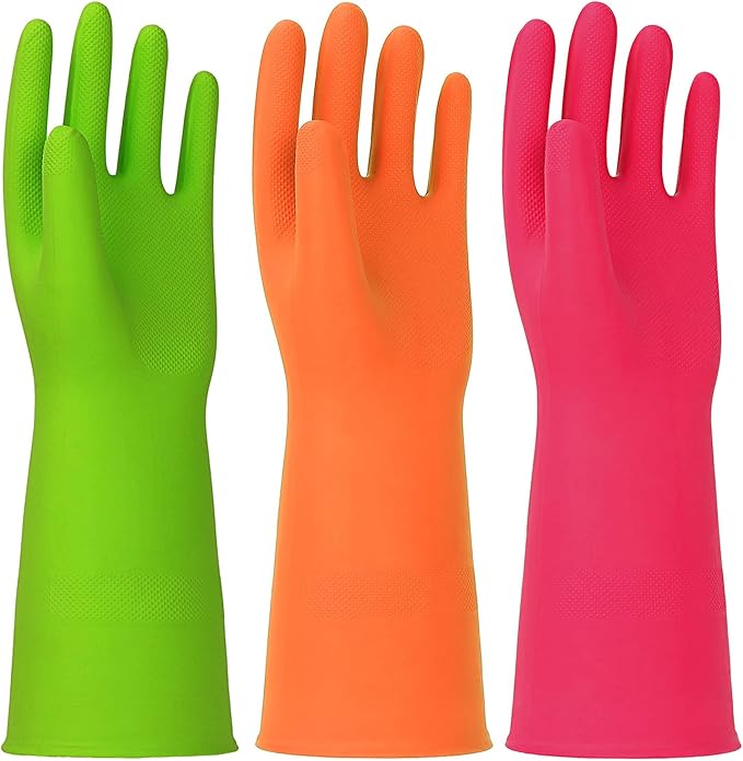 3 Pairs Rubber Cleaning Gloves Latex Free Dishwashing Gloves - 13" Reusable Nitrile Gloves Small, Green+Orange+Red