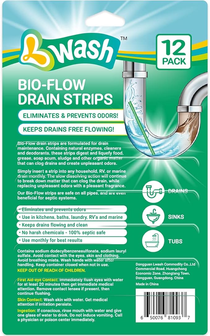Bio-Flow Drain Strips - Lemon Scent Odor Remover & Freshener - 12 Strips