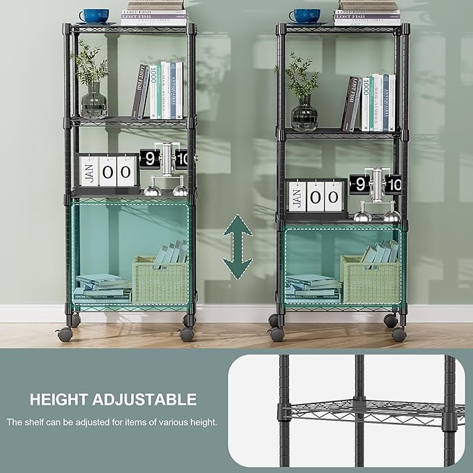 M MZG 4-Shelf Adjustable Heavy Duty Steel Wire Rack, Adjustable Storage Shelving Unit with Wheel for Kitchen, Garage, Laundry Black 11.8" D x 17.7" W x 40.8" H