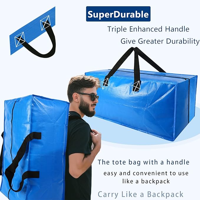 4 Pack Heavy Duty Extra Large Moving Bags - Strong Handles& Backpack Straps - Blue Storage Bags Alternative to Moving Boxes Bins, Packing bag Compatible with Ikea Frakta Cart