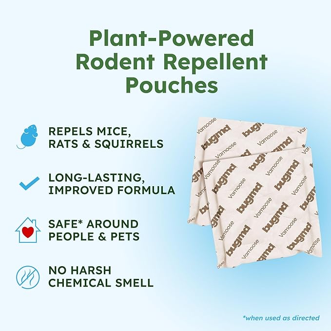 BugMD Vamoose Plus Peppermint Oil Mouse Repellent Pouches | Natural Mice Repellent Indoor & Rat Deterrent for House, Garage, RV, Car & Storage | Plant-Powered Rodent Control - 2 Pack - 8 Pouches
