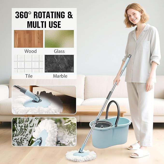 Spin Mop and Bucket with Wringer Set, 360° Spinning Mop Bucket System with 3 Microfiber Mop Replacement Heads and 50" Stainless Steel Adjustable Handle for Floor Cleaning