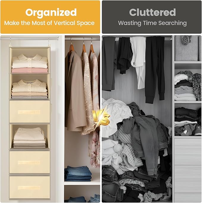 Hanging Closet Organizer 6-Shelf with 3 Drawers & Side Pockets, Closet Organizers and Storage for Dorm, Nursery & Wardrobe Organization, Hanging Shelf Clothes Organizer for Sweaters, Shoes, Beige