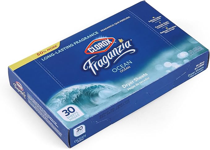 Clorox Fraganzia Fabric Softener Dryer Sheets, Wrinkle Reducing and Anti Static Laundry Dryer Sheets for Great Smelling Clothes, Softens Fabrics, Fresh Ocean Scent, 30 Count
