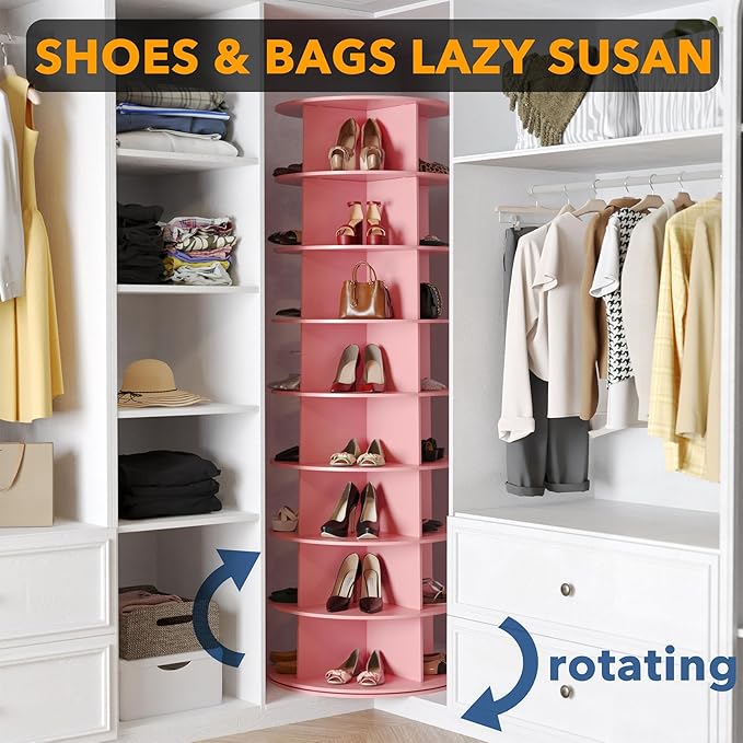 SpaceAid 8 Tier Rotating Shoe Rack Tower, Spinning Shoe Display Lazy Susan, Revolving 360 Shoe Rack Storage Round Carousel, Vertical Handbag Rotate Shoes Closet Organization (8-Tier Pink)