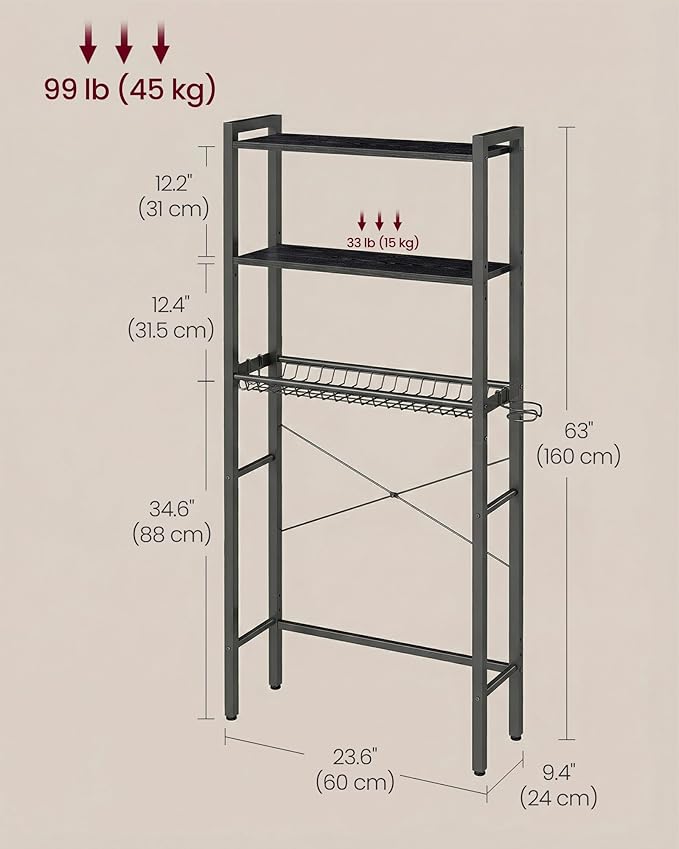 VASAGLE Over the Toilet Storage, Over Toilet Bathroom Organizer with Adjustable Shelves and Basket, 3 Hooks, Space Saving, 9.4 x 23.6 x 63 Inches, Ebony Black UBTS113BE01S