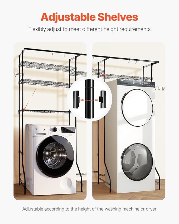 VEVOR Over Washer and Dryer Storage Shelves, 6 Tiers Laundry Room Drying Rack with Hanger Rod and Hooks, Two Rows Adjustable Washer Shelves Space Saver, for Laundry Room Storage & Organization, Black
