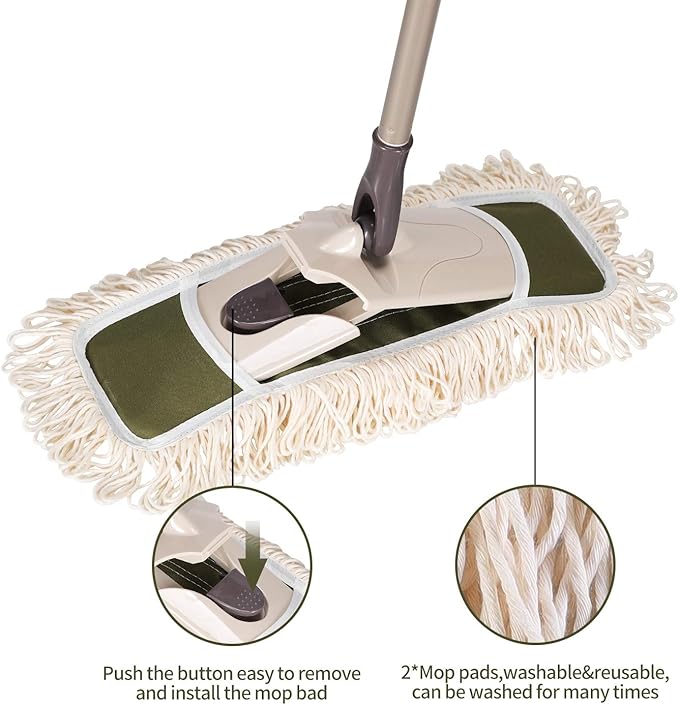 Eyliden Dust Mop with Reusable Washable Pads - One Touch Replacement, Height Adjustable Handle, Total 2 Mop Cloths, Wet Dry Mops for Floor Cleaning, Hardwood, Laminate, Tile Floor Push Dust Broom
