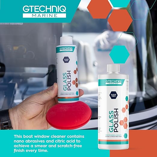 Gtechniq Marine Glass Polish for Boats, 8.5 fl oz | Fast-Acting Hydrophobic Formula Removes Minerals, Salt Deposits, Water Spots and Dirt from Glass and Plexiglass, Smear and Scratch-Free Finish