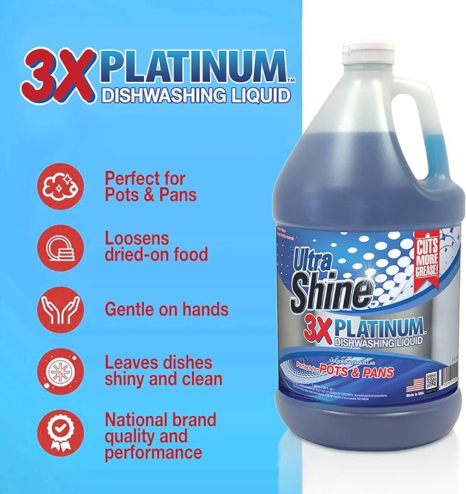 Ultra Shine™ 4 Pack 3X Platinum™ Dishwashing Liquid, Powerful Grease Remover, 1 Gallon - Concentrated Dish Cleaner Soap for Commercial Kitchens, Restaurants & Home Cleaning, Gentle on Hands & Skin