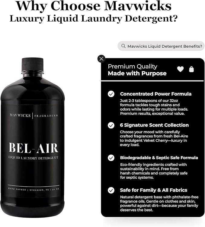 Laundry Liquid Detergent (Bel Air) - 32 Oz Laundry Perfume Bottle for Men & Women, Stain & Odor Remover, Deep Clean, Long-Lasting Fragrance and Freshness for All Fabrics