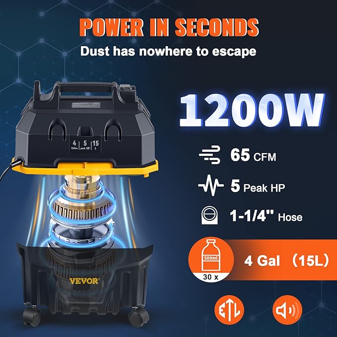 VEVOR Shop Vac Wet and Dry Vacuum Cleaner 4 Gallon 5 Peak HP - Powerful Suction with Blower Function & Attachments 3-in-1 Crevice Nozzle - Perfect for Car Carpet Debris Pet Hair Black/Yellow