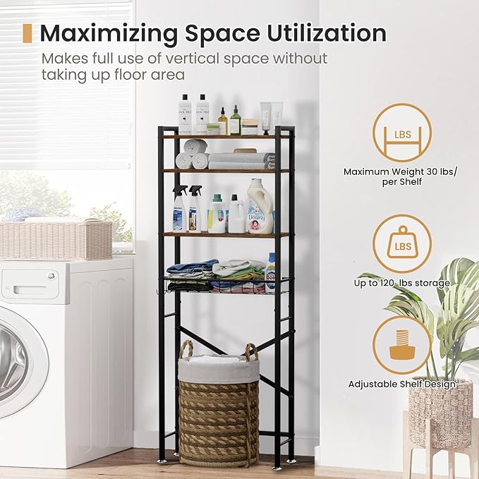 SwaaVee Over The Toilet Storage Cabinet, 4-Tier Bathroom Organizers and Storage with Adjustable Shelves, Freestanding Over-The-Toilet Shelf for Restroom, Laundry, Rustic Brown