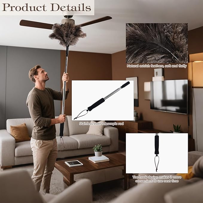 Telescopic Ostrich Feather Duster, 59-inch Naturally Fluffy Long-Handled Feather Duster, Soft, Durable and Reusable for Cleaning high Ceilings, Walls, Fans, Furniture and Blinds in The Home Office