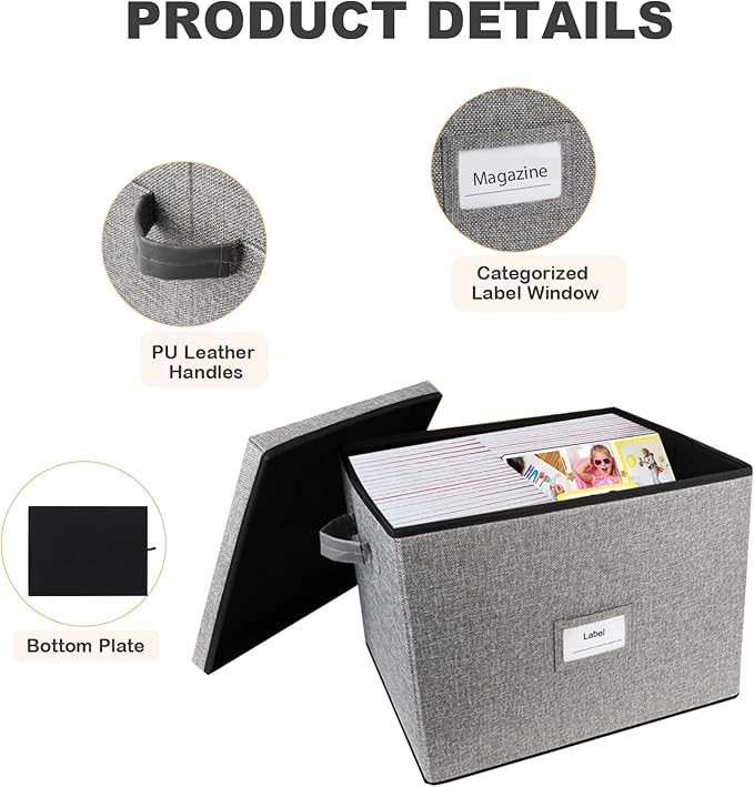 Lukeline Magazine Storage Box,Collapsible Fabric Magazine Holder with Handles, Stackable Magazine File Holder for Files, Books, Newspapers, Documents