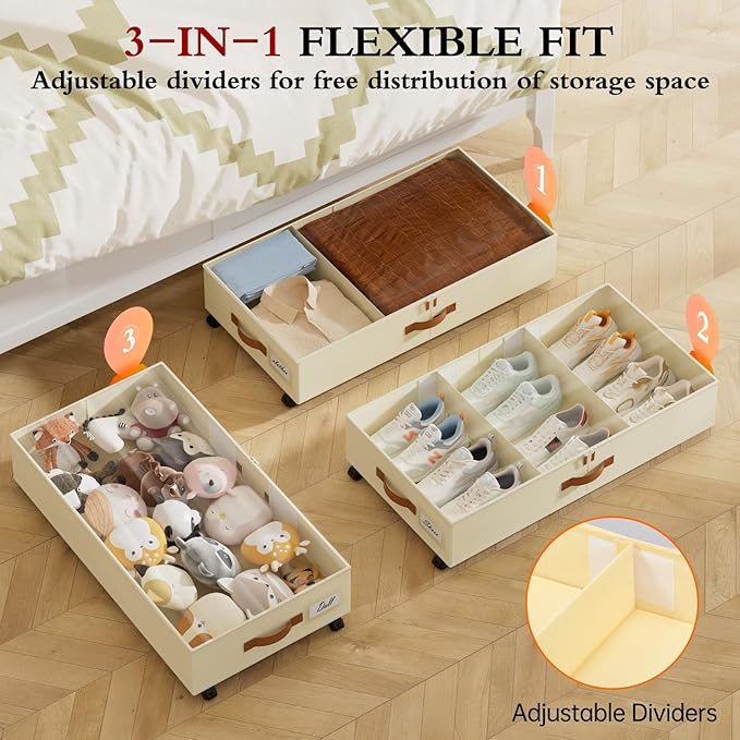 Yecaye Under Bed Storage with Wheels, 2 Pack Under Bed Storage Containers with Adjustable Dividers & Clear Lid, Rolling Underbed Organizer Bins Drawer for Clothes, Shoes, Blankets(30.3 x 16 x 6.7in)