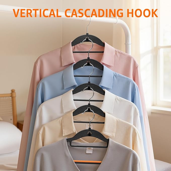 Yolife Cascading Plastic Clothes Hangers 20 Pack with Inner Hook for Vertical Storage, Slim Space Saving Hangers with Non-Slip Pads, 360° Swivel Metal Hook, Versatile, Black & Orange