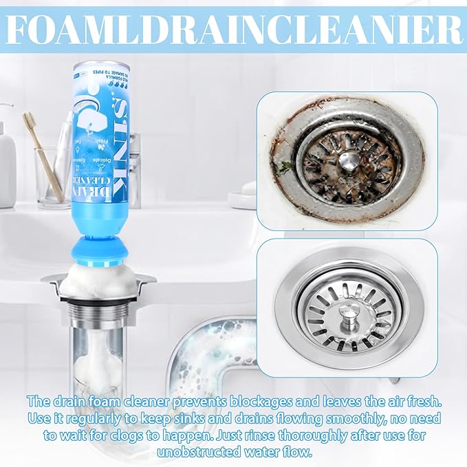 Foaming Drain Cleaner - Sink Cleaner and Deodorizer for Kitchen Sinks, Shower Drains, and Tubs, Monthly Maintenance to Avoid Clogs. (1pcs, blue)