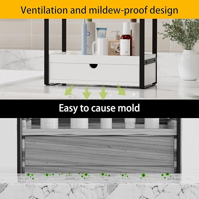 Boulphia 2-Tier Bathroom Organizer Countertop with Drawer, Wood Bathroom Counter Shelf for Storage, Vanity Organizer Countertop for Kitchen, Office