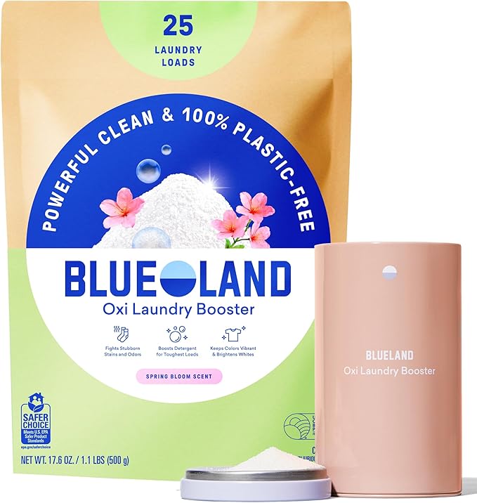 BLUELAND Oxi Laundry Booster Powder with Tin, Starter Set, Spring Bloom Scent, 25 Loads, 17.6 oz, Plastic-Free, Eco Friendly, Oxy Cleaner, Stain Remover