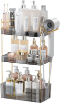 Akinbas 3 Tier Bathroom Organizer Countertop Makeup Perfume Tray Skincare Organizer Comes with Hair Dryer Rack and Toothbrush Holder for Bathroom Dresser Vanity (Grey)