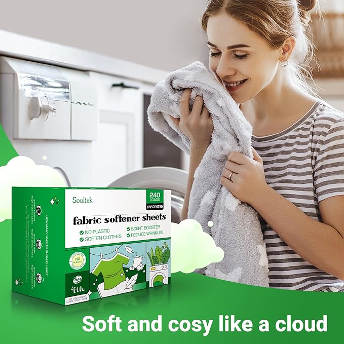 Soulink Fabric Softener Sheets for Washing Machine, No Plastic Jug Soap Strips, Alternative to Fabric Softener Liquid and Pods, Unscented Fragrance Free, Up to 240 Loads