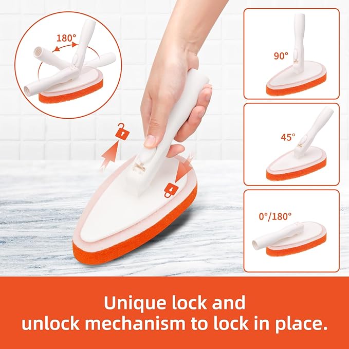 Qaestfy Bathtub Scrubber, Adjustable Long Handled Scrub Brush with 51 Inch Handle, 5 Non-Scratch Scouring Pads for Cleaning Tile Shower Bathroom Vessel Sinks Toilet Wall Floor