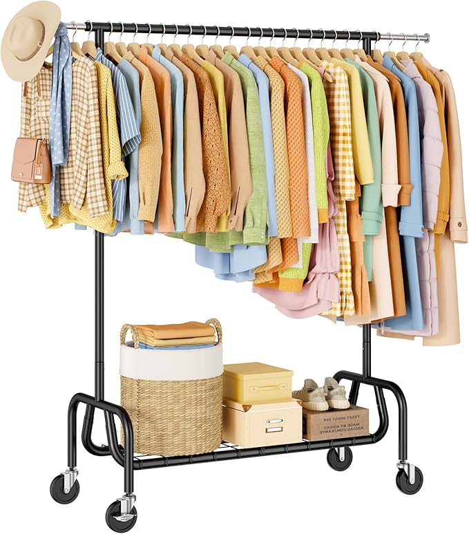 Heavy-duty Clothing Rack with Wheels, Rolling Clothes Rack with Shelf, Clothes Racks for Hanging Clothes, Metal Standing Garment Racks, Black