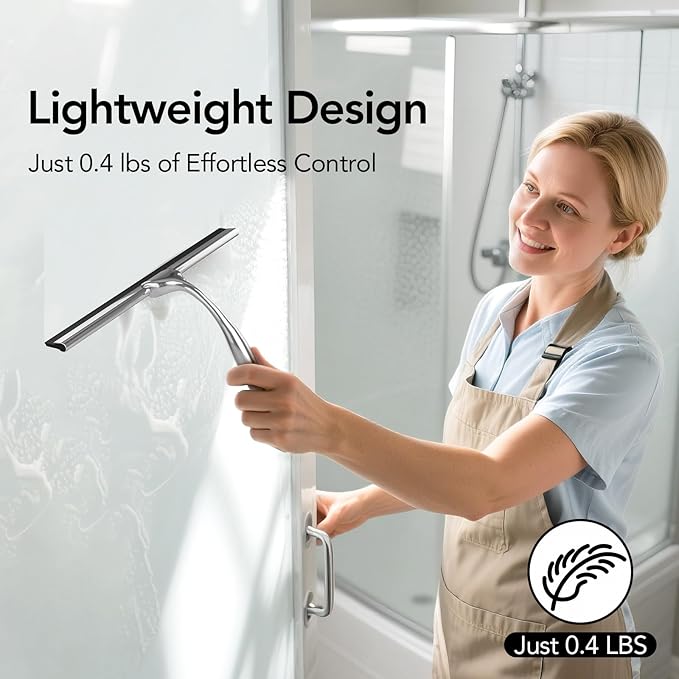 Shower Squeegee for Shower Glass Door with Adhesive Hook, Stainless Steel Squeegee for Shower Glass, Window Squeegee for Cleaning Tile Wall, Mirror, Car(10", Silver)