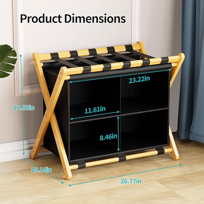 Natural Bamboo Luggage Rack with 4 Storage Compartments ，Foldable Suitcase Stand, Luggage Rack for Guest Room , 150lbs Capacity, Sturdy,