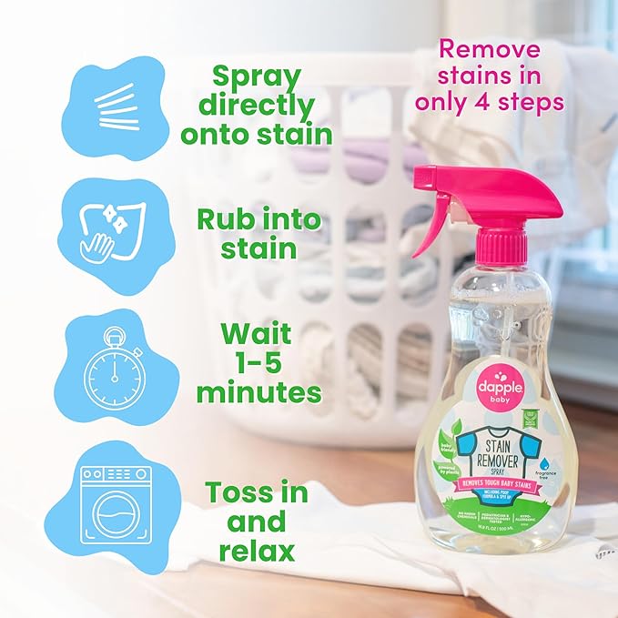 DAPPLE Stain Remover Spray, Plant-Based, Fragrance Free, 16.9 Ounce Spray Bottle, Hypoallergenic, Baby Laundry Stain Remover for Clothes & Cloth Diapers