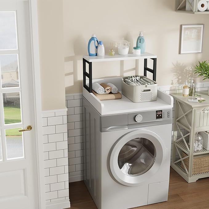 Washer Dryer Countertop with Shelf, 27.5″D x 27.5″W x 16.7″H, Countertop for Washer and Dryer Top with Non-Slip Pads and Edge Rails, Laundry Room Storage and Organization(White)