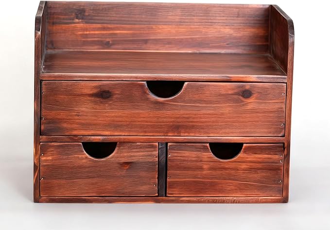 Vintage Rustic Brown Wooden 3 Drawer with Shelf Office Desk Organizer & Mail Rack For Desktop,Box for Office Home makeup holder Toiletries Supplies Vanity, No Assembly Required (Brown)