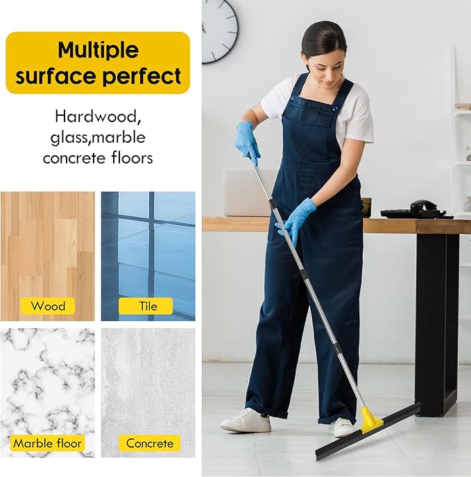Floor Squeegee for Concrete and Tile Cleaning, 24'' Heavy Duty Rubber Wiper with 60'' Long Adjustable Handle Water Scraper for Bathroom Shower Glass Garage Glass Window(Yellow