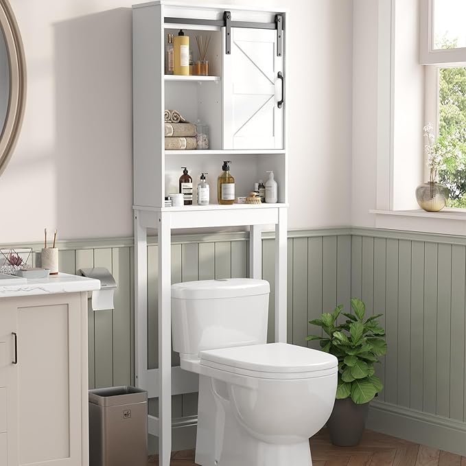 Over The Toilet Storage Cabinet, Bathroom Organizer with Adjustable Shelves and Anti-Tip Device, Space-Saving Storage Solution, White