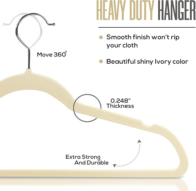 Utopia Home Velvet Hangers 150 Pack – Luxury Non-Slip Slim Pant & Coat Hangers, Strong Space-Saving Clothes Hangers with Pants Bar and 360° Swivel Hook – Ivory