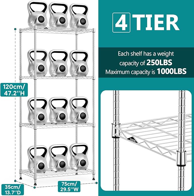 IZEUK 4-Tier Heavy Duty Steel Storage Shelves, Metal Shelf Wire Shelving Rack for Pantry, Kitchen, Home, or Office Organization (29.5" W x 13.7" D x 47.2" H, 1000LBS, Chrome)