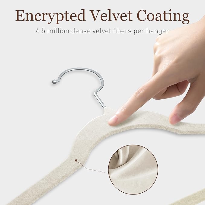 Velvet Hangers 50 Pack, Slim Non-Slip Clothes Hangers Space-Saving for Closet, Heavy Duty for Pants, Coats, Skirts, Jeans, Sweaters and More, Nylon-Flocked, Ivory