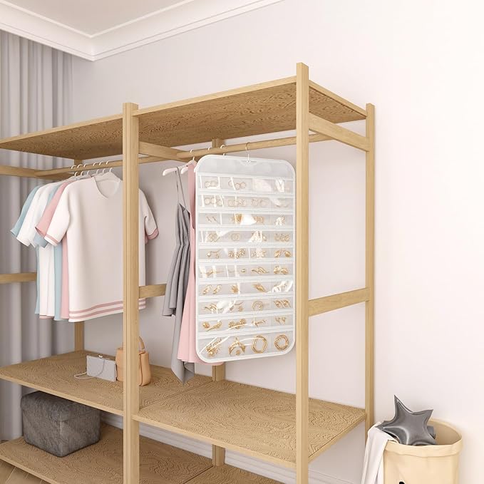 2 Pack Hanging Jewelry Organizer 80-Pocket Dual-sided Jewelry Storage for Earring Necklace Bracelet Ring Travel Holder, White and Beige