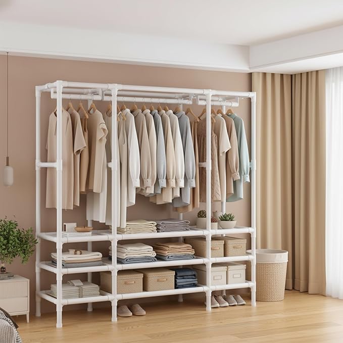 Portable Closet,Garment Rack,Heavy Duty Clothes Rack with Cover,Wardrobe Closet with 1 Hanging Rods, 2 Storage Shelves,27.5" L x 17.7" W x 67.7" H,Pale Yellow
