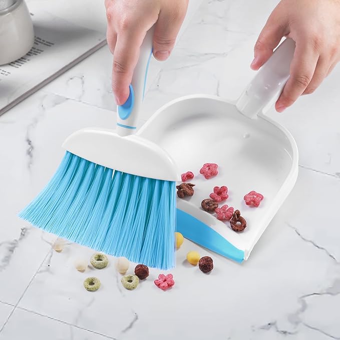 NACENA Small Dust Pan and Brush Set, Mini Broom and Dustpan Set Small Hand Broom and Brush Combo Dust Pan for Home Cleaning Drawers Desktop Sofas and Outdoor, Dark & Blue